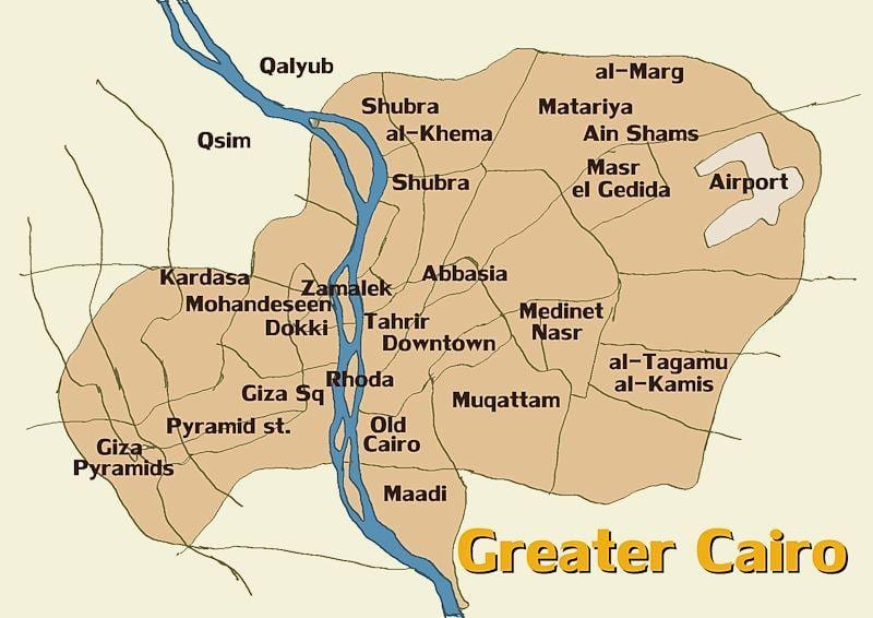 La carte de caire, et les régions avoisinantes